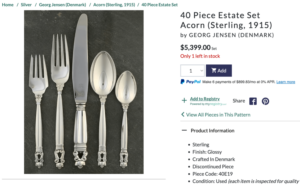 Sterling silverware set listed on Replacements.com.