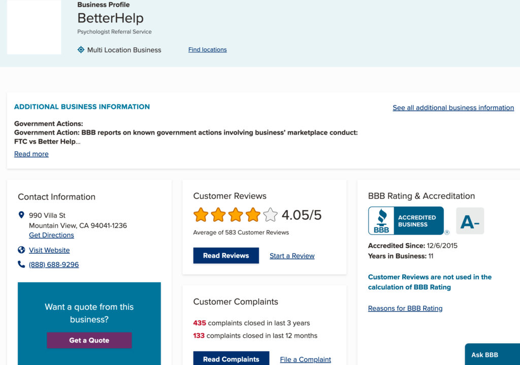 Betterhelp BBB Page From July 2024