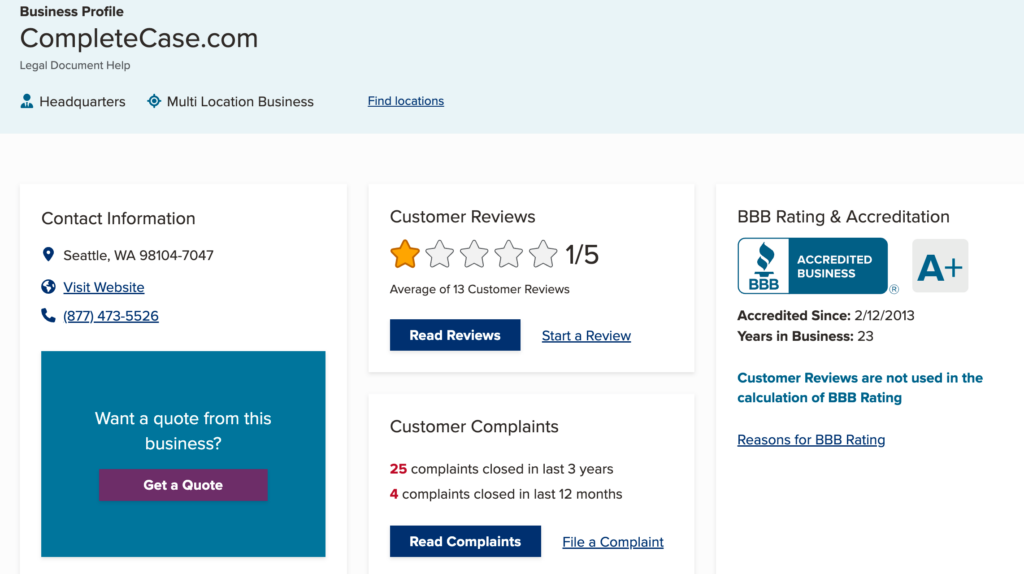 CompleteCase.com BBB Page From July 2024