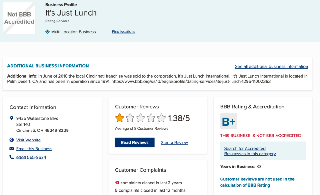 It's Just Lunch Cincinnati BBB Page From July 2024
