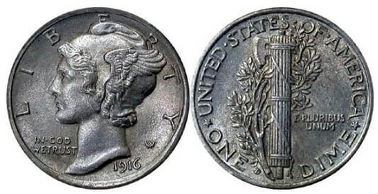 Front and back of the 1916 Mercury Dime. 15 coins worth money in 2024: Do you have any at your house? Click here for more info.